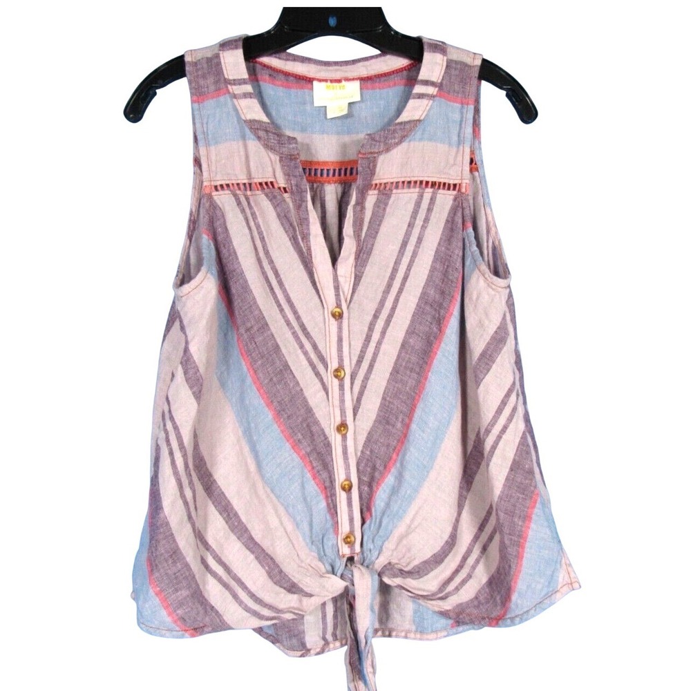 MAEVE Anthropologie LINEN Purple/Multi STRIPED Button Up/Tie SLEEVELESS Shirt 4
